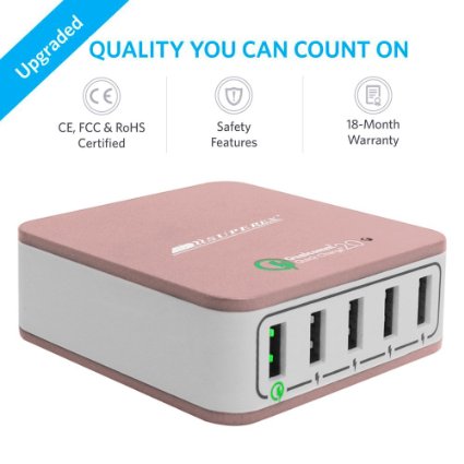 SUPEREX® 40W 8A 5V 5 Port USB Smart Wall Travel Charger Charging Station Hub with Quick Charge 2.0 Technology [qualcomm certified] - Rose Gold