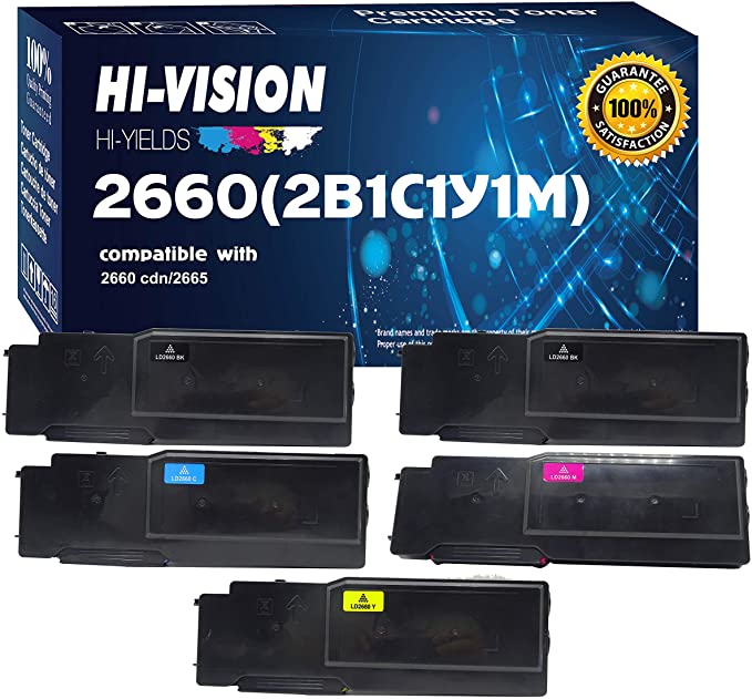 HI-Vision Compatible C2660dn/ C2665dnf High Capacity Black and Color Toner Cartridge Replacement (2 Black 593-BBBU, 1 Cyan 593-BBBT, 1 Yellow 593-BBBR, 1 Magenta 593-BBBS, 5 Pack)