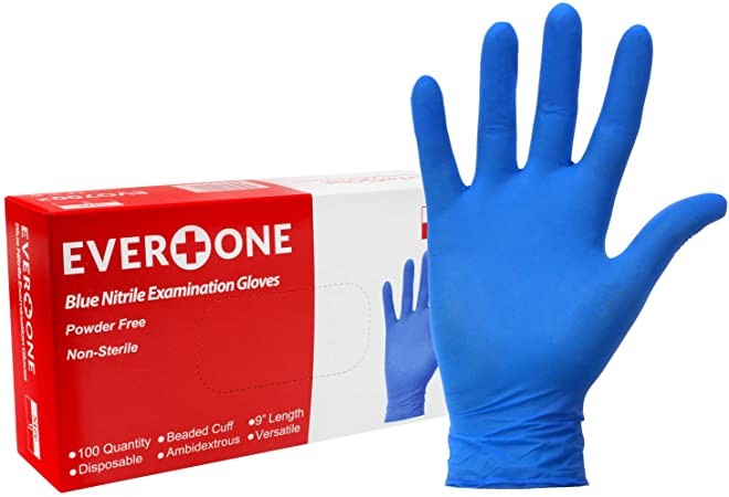 EverOne Nitrile Exam Gloves Powder Free Non Latex, Blue, Medium, Case of 10 Packs of 100 Gloves, 1000 Count