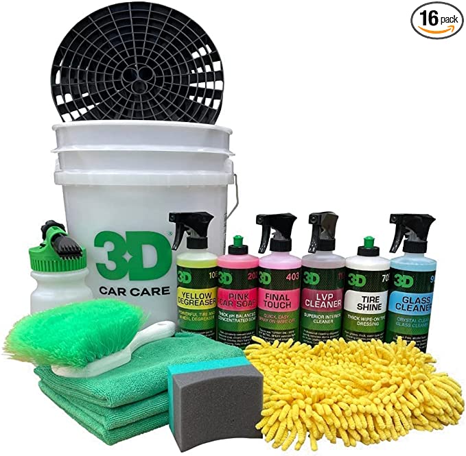 3D 16 Piece Ultimate Car Wash Bundle Kit with Garden Hose Foam Gun, 5 Gallon Bucket, Bucket Grate, Wash Mitt, Towels, Brush & Applicator, Car Cleaning Supplies