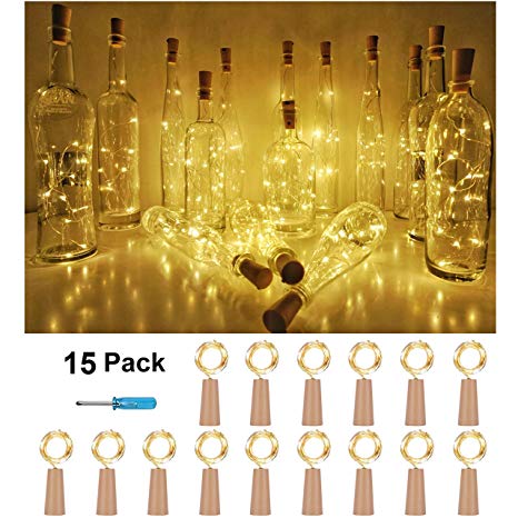 Wine Bottle Cork Lights, Battery Operated LED Cork Shape Silver Copper Wire Colorful Fairy Mini String Lights for DIY Party Halloween Wedding,Outdoor Indoor Decoration,15Pack (Warm White)