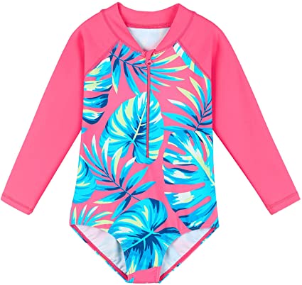 TFJH E Kids Girls Rashguard Swimsuit UV 50  Long Sleeve One Piece Swimwear Zip