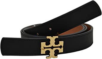 Tory Burch Womens Genuine Leather Crossgrain Reversible Logo Belt 1" Black Classic Tan