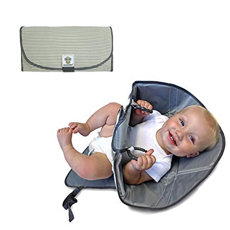 SnoofyBee Portable Clean Hands Changing Pad. 3-in-1 Diaper Clutch, Changing Station, and Diaper-Time Playmat with Redirection Barrier for Use with Infants, Babies and Toddlers. (Pin Stripe)