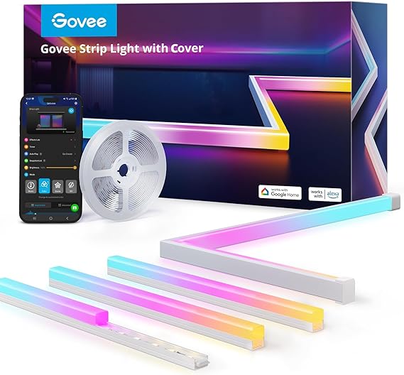 Govee RGBIC LED Strip Lights 16.4ft with Covers, Smart LED Lights Work with Alexa and Google Assistant, LED Diffuser Channel with LED Lights for Bedroom, Skirting Lines, Studio, Cabinet