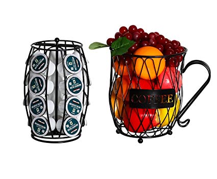PAG Coffee Pod Holder with Storage and Metal Wire Mug Fruit Basket, Black