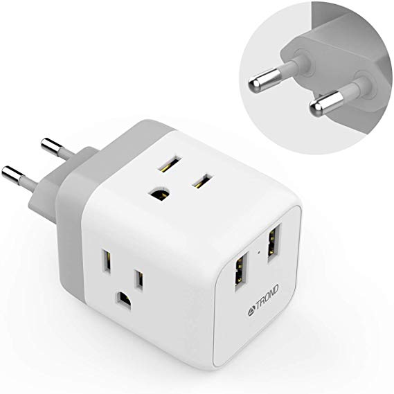 European Travel Plug Adapter, TROND US to EU Power Cube with 3 American AC Outlets & 2 USB Plug, Canada to Europe Plug for France, Italy, Germany, Portugal, Czech (Type C)