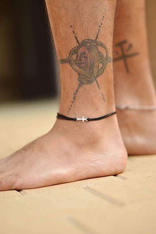 Anklet for men, men's anklet with a silver cross charm, black cord, gift for boyfriend, men's ankle bracelet, christian catholic jewelry