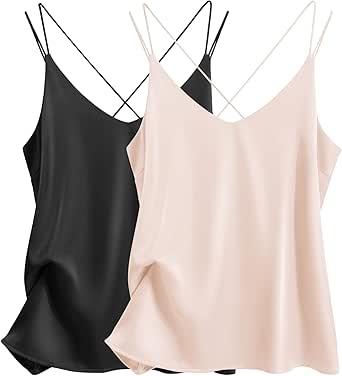 Ekouaer Womens Silk Satin Camisole Tank Tops V Neck Spaghetti Strap Blouses Cross Back Sleeveless Cami Shirt