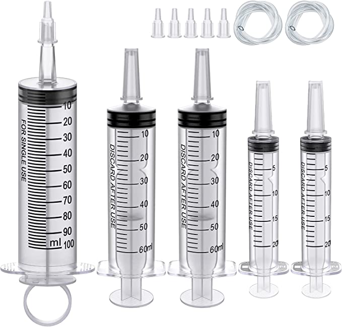 5Pack Plastic Syringe Catheter Tip Sterile Individual Wrap with Tip Cap&Adapter&Soft Tube, Measurement and Dispensing Syringe Tools for Science Lab,Pet Feeding ,Oil or Glue Applicator(20ml 60ml 100ml)
