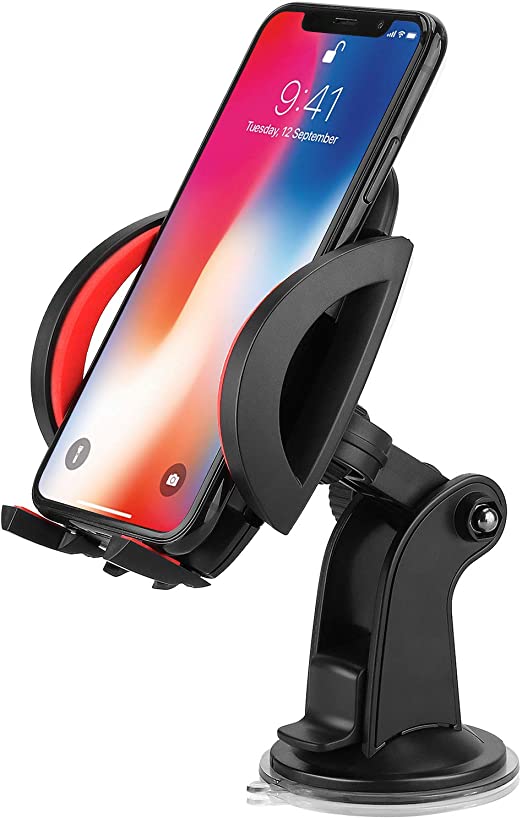 PEMOTech Car Phone Holder, Windscreen Car Phone Mount Strong Suction Flat Windshield Dashboard Universal Grip Car Holder Compatible for Apple iPhone XS Max/XR/X/8 Plus, Samsung Galaxy S9/Note 9