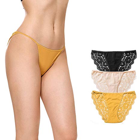 DOBREVA Women's Cotton Lace Low Rise Bikini Panty Pack of 3