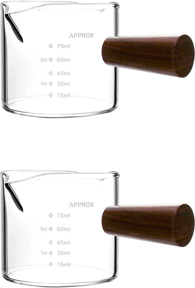 QWORK Espresso Glass 75ml with Wood Handle 2 Pack Triple Kettle Barista Single Spout