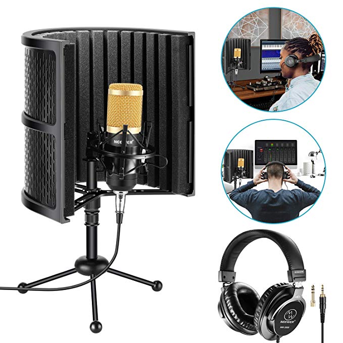 Neewer Tabletop Microphone Isolation Shield with Absorbing Foam, Conderser Microphone, Shock Mount, Tripod Stand, and Studio Monitor Headphones for Sound Recording Podcasts Singing Broadcasting etc