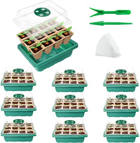 AQUEENLY Seed Starter Tray 10 Pack Seed Starter Kit Seed Trays with Humidity Dome and Biodegradable Peat Pots for Seedlings Tray Seed Germination Kit Greenhouse Trays 120 Cells,12 Cells Per Tray