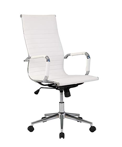 Belleze Modern High-Back Ribbed Executive Faux Leather Upholstered Conference Tilt Adjustable Height Office Desk Chair, White