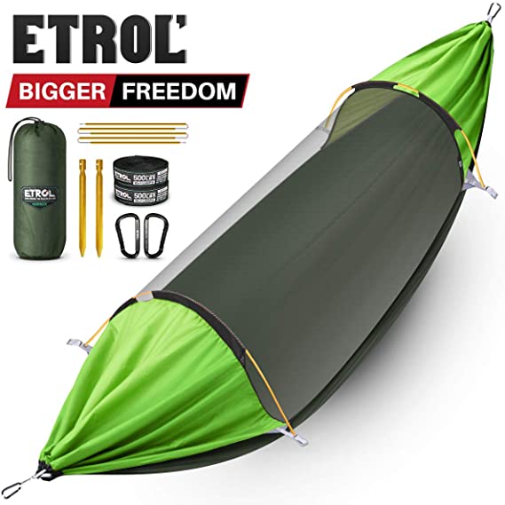 ETROL Hammock, Upgrade Double & Single Camping Hammock with Mosquito Net, Tree Straps, Carabiner, 3 in 1 Function Design Aluminium Parachute Portable Hammock for Indoor, Outdoor, Hiking, Patio, Travel