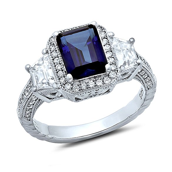 Sterling Silver Sapphire Blue Three Stone Emerald Cut Engagement Ring with Cubic Zirconia