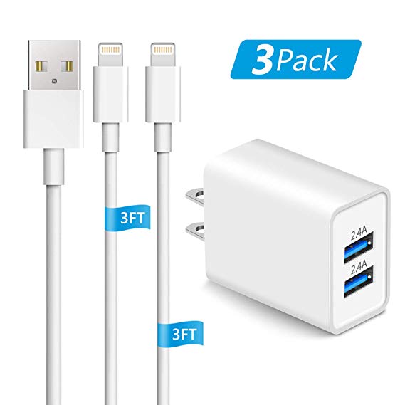 Sundix iPhone Wall Charger, Charger Adapter 2 Pack 3ft iPhone Charger Cable &Sync Compatible iPhone Xs/XS MAX/XR/X/8/8 Plus/7/7 Plus/6s/6s Plus/5s/5 SE/5c/5, iPad Pro/Mini/Air and iPod Touch-White