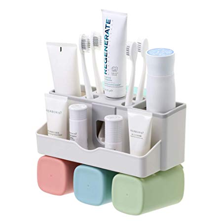 SULKADA Toothbrush Holder Wall Mounted Toothpaste Holder Bathroom Organizer for 3 Cups Holder Stand