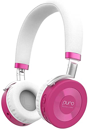 JuniorJams Volume Limiting Headphones for Kids 3  Protect Hearing – Foldable & Adjustable Bluetooth Wireless Headphones for Tablets, Smartphones, PCs – 22-Hour Battery Life by Puro Sound Labs, Pink