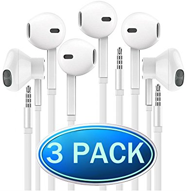 Headphones with Microphone, Certified PowerBoost In-Ear Headphone 3.5mm Noise Isolating Earphones Headset for iPhone iPad iPod Laptop Tablet Samsung Android LG HTC Smartphones (White) 3-Pack
