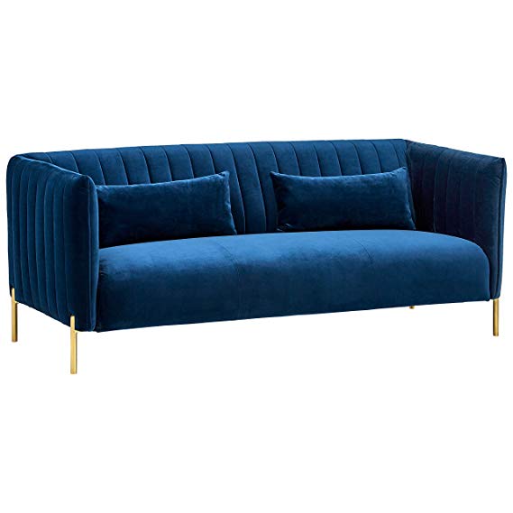 Rivet Frederick Velvet Channel Tufted Mid-Century Modern Sofa, 77.5"W, Navy Blue