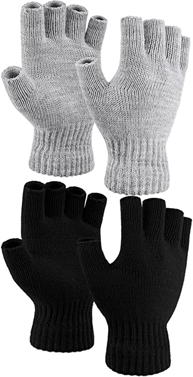 Cooraby 2 Pairs Thickened Cashmere Warm Half Finger Gloves Winter Knitted Fingerless Gloves for Men and Women