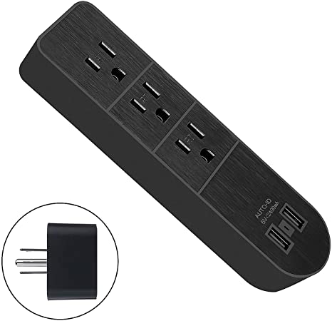 3-Outlet Power Strip Socket with USB Port, Power Charging Station Outlet, Portable Power Socket 3-Prong Plug Grounded Wall Outlet (Black)