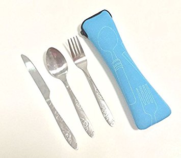 Rubicon® 3 Piece Stainless Steel (Knife, Fork, Spoon) Lightweight, Travel / Camping Cutlery Set with Neoprene Case (BDCJ-BL)