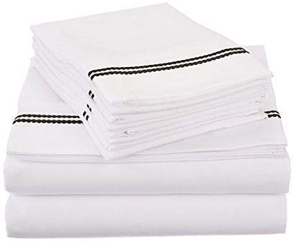 Super Soft, Light Weight, 100% Brushed Microfiber, King, Wrinkle Resistant, 6-Piece Sheet Set, White with Black 2-Line Embroidery in Gift Box