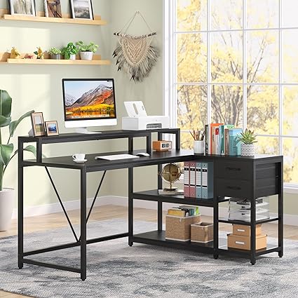 Tribesigns L Shaped Desk with Drawer, Industrial Corner Desk Home Office Table with Storage Shelves and Monitor Stand, Rustic Wooden and Metal PC Desk for Small Space (Black)