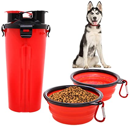 Dog Water Food Bottle for Walking Travelling Hiking Camping 2-In-1 Pet Food Container with 2 Collapsible Dog Bowls Outdoor Travel Water Dispenser Leak Proof Cup Portable Drinking Bottle for Cat Puppy