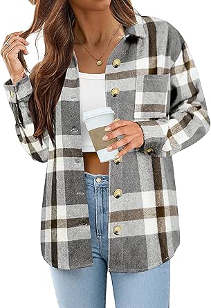 Zeagoo Women Flannel Shacket Jacket Plaid Button Down Long Sleeve Shirt Fall Outfits 2024