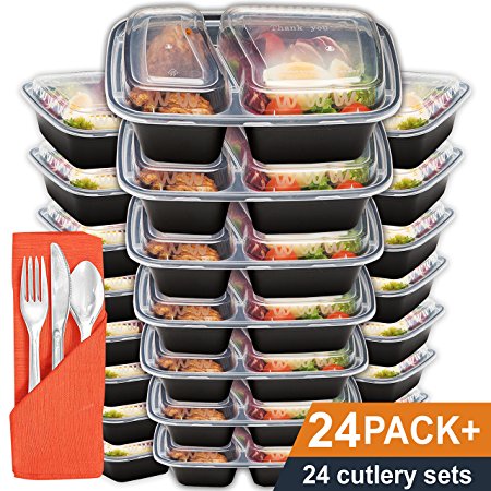 Bento Lunch Box Set with Cutlery - Meal Prep Food Storage - Restaurant Containers - Plastic Foodsaver (24pk, 34oz)