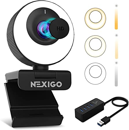 60FPS 1080P Streaming Webcam with 4-Port USB Hub, NexiGo AutoFocus USB Web Camera with Magnetic Privacy Cover & Ring Light, High-Speed Data USB 3.0 Hub, for Zoom/Skype/Teams/Webex, MAC PC