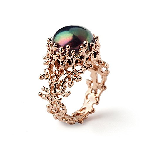 18k Rose Gold Plated Sterling Silver, Large 13mm Freshwater Cultured Black Pearl, Coral Organic Statement Ring, Sizes 4 to 13