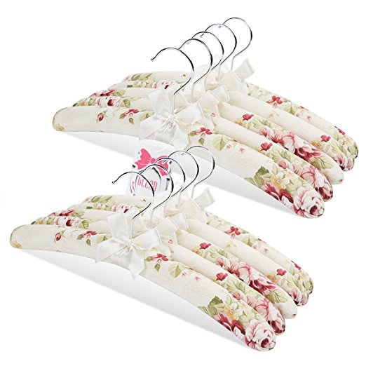 GLCON [New Version] H-128 flowery Print Pastel Anti Slip Satin Padded Bone Hangers Collection, Natural Canvas, Heavy Duty Hanging Clothes of Closet Storage of sweaters, Dress, Skirt, Suit, Sets of 10