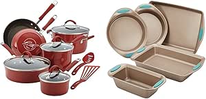 Rachael Ray Cucina Nonstick Cookware Pots and Pans Set, 12 Piece, Cranberry Red & Cucina Bakeware Set Includes Nonstick Bread Baking Cookie Sheet and Cake Pans, 5 Piece