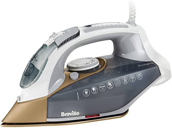 Breville VIN406 PressXpress Steam Iron, 2600 W, 170G Steam Shot, Multi-Directional Ceramic Soleplate, 400 ml Water Tank, White & Satin Gold