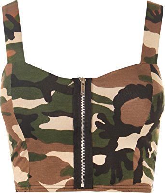 Womens Padded Bra Camouflage Strappy Zip Ladies Crop Bralet Sleeveless Top Sizes 8 - 14