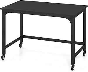 COSTWAY 48” Mobile Computer Desk, Home Office Desk on Wheels, Simple Study Writing Table with 4 Lockable Wheels, Metal Frame, Rolling Laptop PC Table for Small Space (Black)