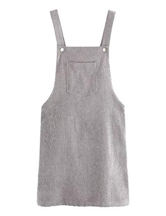 Romwe Women's Straps A-line Corduroy Pinafore Bib Pocket Overall Dress