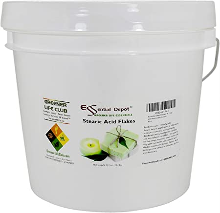 Essential Depot Stearic Acid - Triple Pressed - Vegetable Based - White Flakes - 4 lbs. net wt - Safety Sealed HDPE Container with resealable Cap and Removable Handle