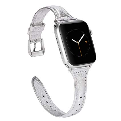 Wearlizer Silver Thin Leather Compatible Apple Watch Bands 38mm 40mm iWatch Sport Strap Womens Mens Leisure Wristbands Replacement Cool Bracelet (Metal Silver Clasp) Series 4 3 2 1 Nike  Edition