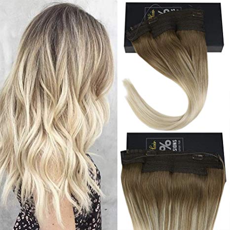 Sunny 12inch Blonde Balayage Halo Hair Extensions with Hidden Fish Wire Blonde Halo Extensions Real Human Hair 80g/Pack