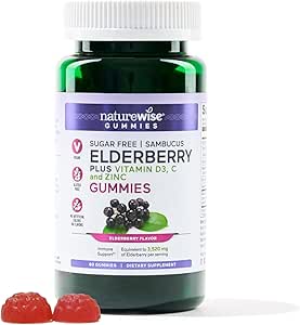 NatureWise Sambucus Elderberry Gummies - Sugar-Free - Daily Immune Support Supplement for Kids and Adults*, with Vitamin C, Vitamin D3, Zinc - Vegan, Gluten Free, Non-GMO - 60 Gummies[1-Month Supply]