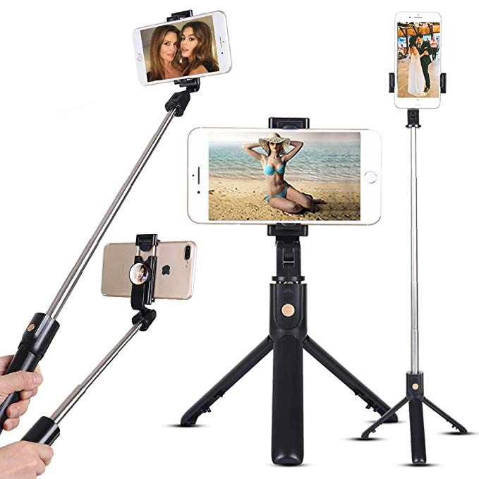 SelfieCom Bluetooth Selfie Stick Tripod with Mirror Extendable Monopod with Mirror and Wireless Remote and Tripod Stand for iPhone X/iPhone 8/8 Plus/iPhone 7/iPhone 7 Plus/Huawei/Samsung/Google (Black)