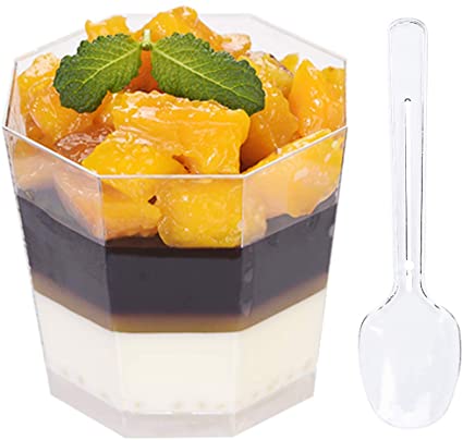 Foraineam 100 Pack 5.4 oz. Clear Plastic Dessert Cups with 100 Spoons Disposable Reusable Appetizer Cups Serving Bowl for Parties, Weddings and More