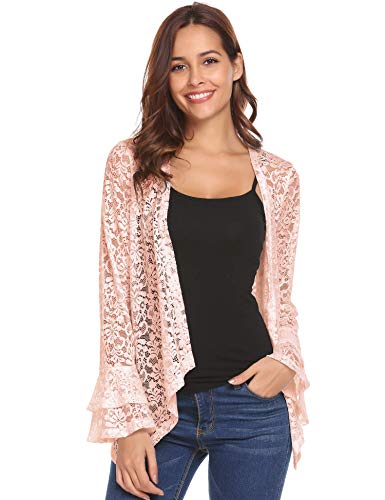 Concep Women's Bell Sleeve Cardigan Lace Crochet Casual Tops Sheer Cover Up Plus Size